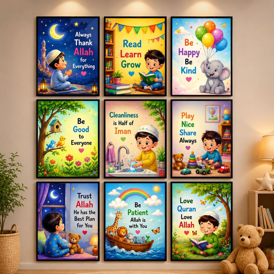 Islamic kids wall art set of 9 colorful Muslim kids room posters with Quran and positive Islamic messages