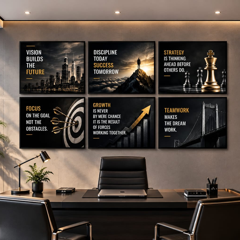 Office motivational wall art set of 6 with focus, discipline, growth, strategy and teamwork quotes