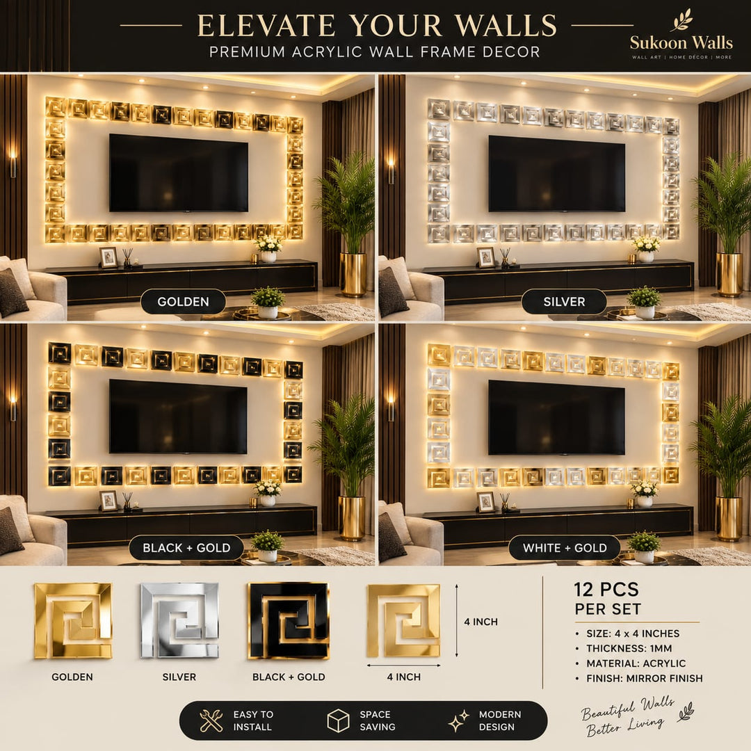 Premium Acrylic Wall Frame Decor Set of 12 – 3D Mirror Wall Stickers